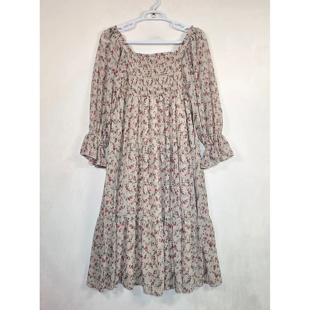 &merci Maxi Dress Womens L Tiered Floral Cottagecore Boho Prairie Romantic Smock